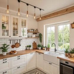 Cuisine moderne dans les tons blanc et bois avec des poignées de meubles noires